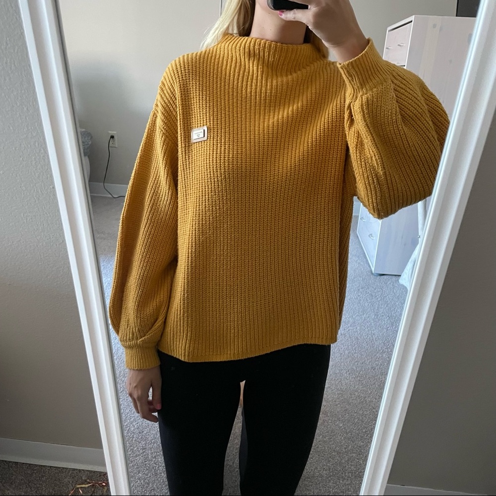 Oversized Warm Yellow Semi Turtleneck Sweater with Balloon Sleeves